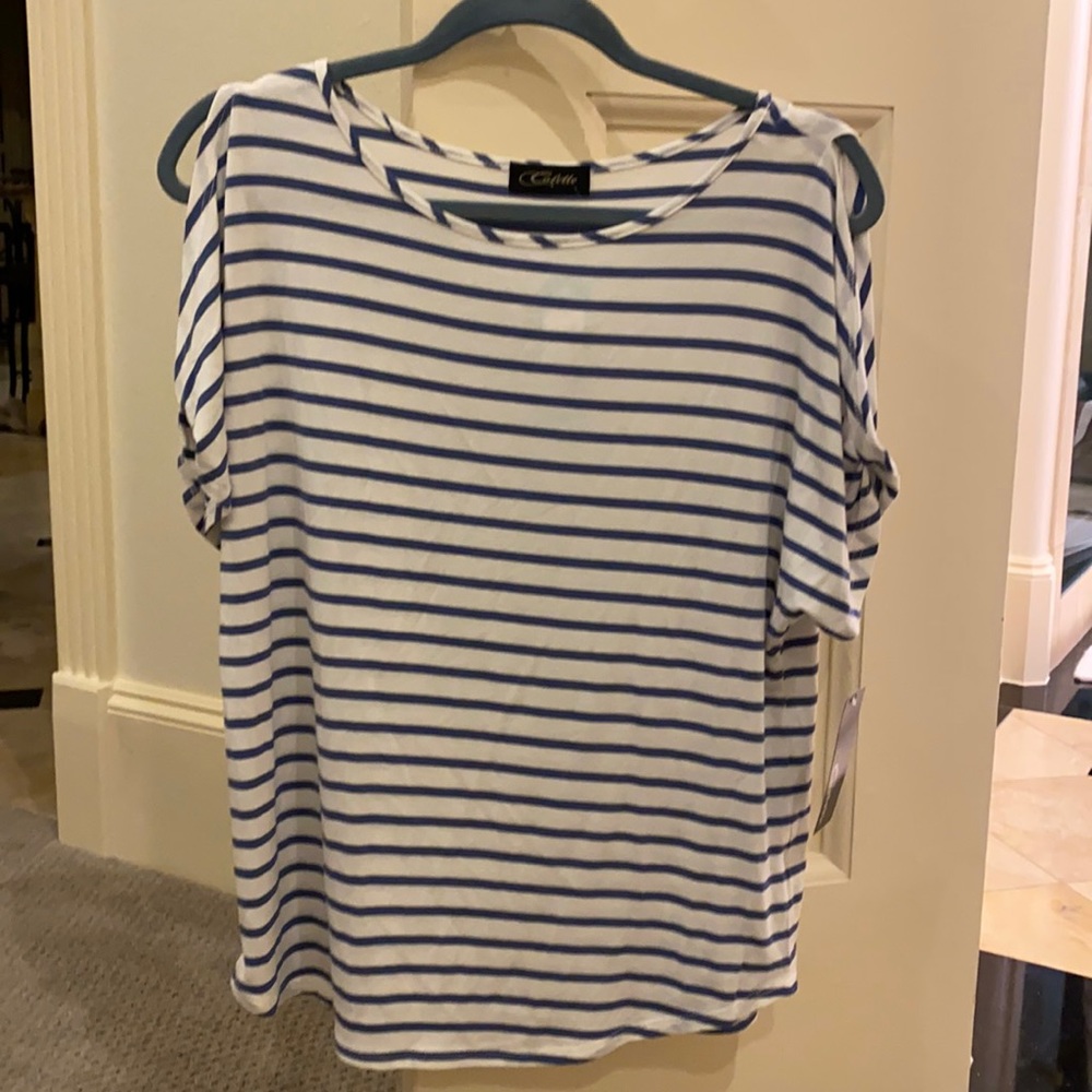 Women’s blue and white striped “cold shoulder” short sleeve blouse size Small